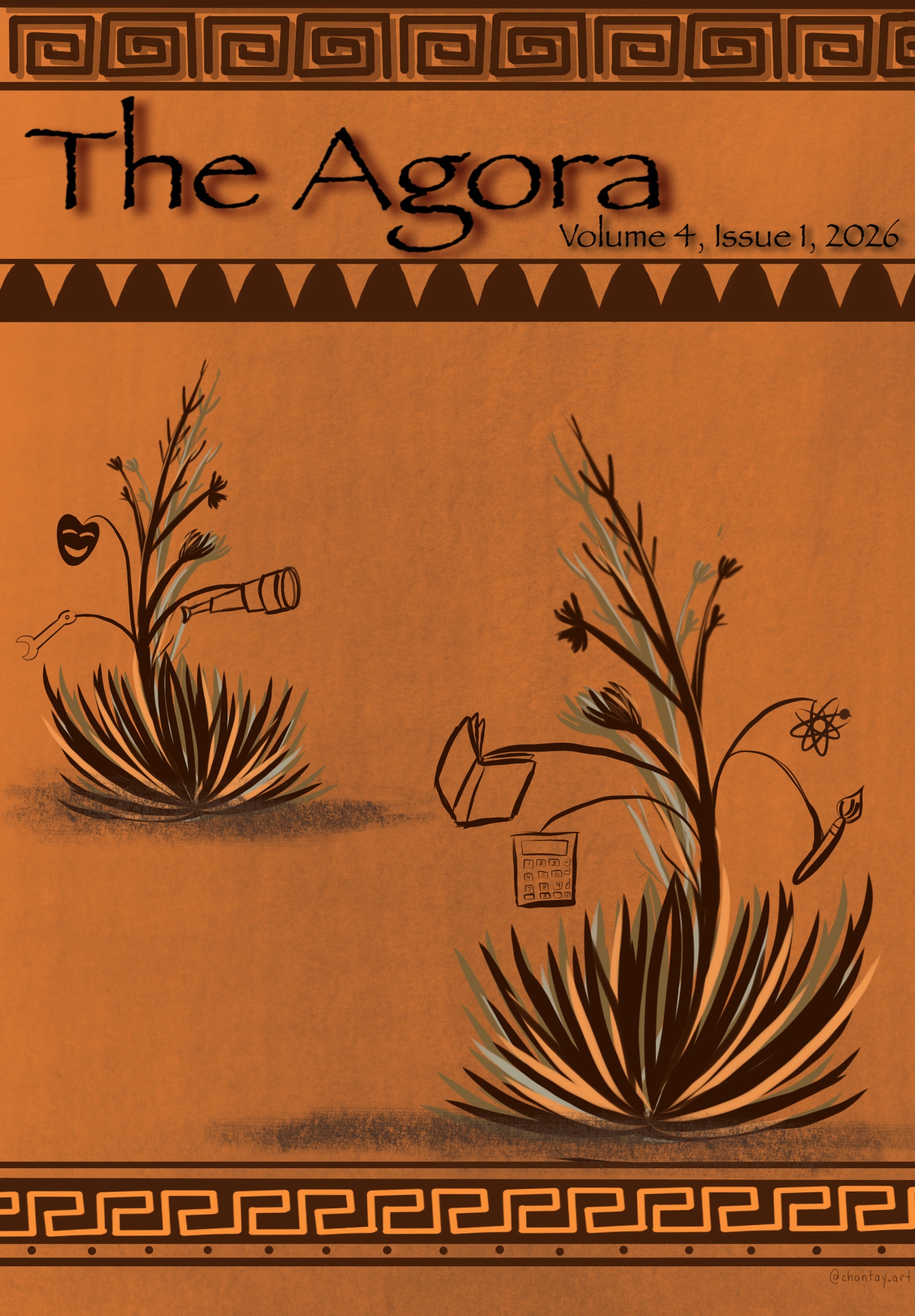 Cover art for the fourth issue of The Agora journal, featuring a Greek maze pattern along the top and bottom, and two agave plants sprouting books, drama masks, a telescope, and more. All of this is presented against a desert orange backdrop.