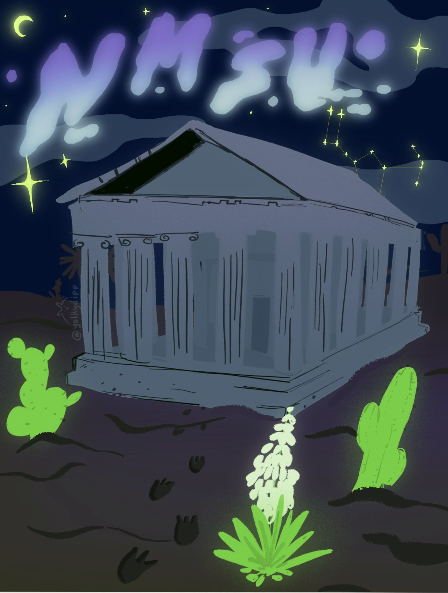 Cover art for the first issue of The Agora journal, featuring an image of The Parthenon in a ghostly New Mexico desert filled with glowing cacti